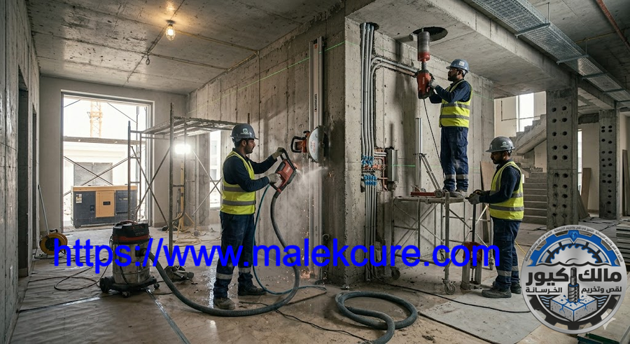 خدمات قص وتخريم الخرسانة في جدة والسعودية باستخدام الكور الماسي لفتح فتحات دقيقة في الجدران الخرسانية بدون تكسير وبأعلى دقة